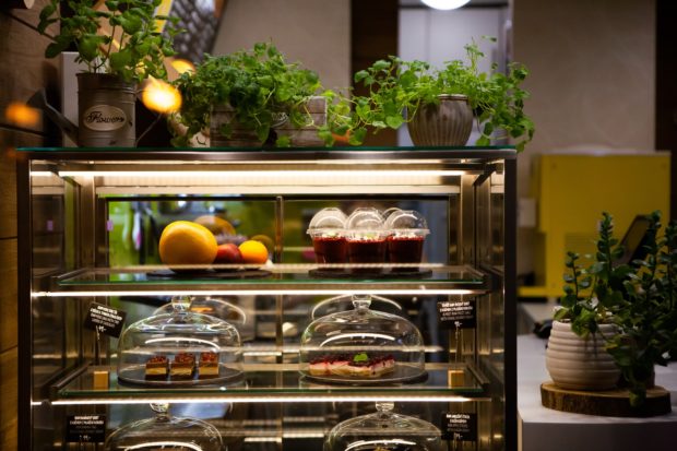 Cakes and fruit in a refrigerated display case, with lots or greenery on top and on the surrounding counters.